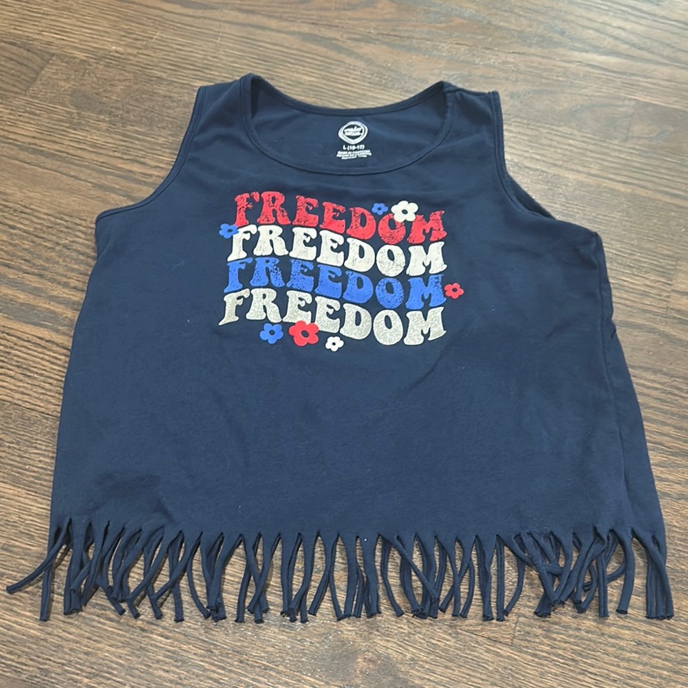 Wonder Nation 4th of July Navy Blue Kids Fringe Freedom Tank Top sz L (10-12)